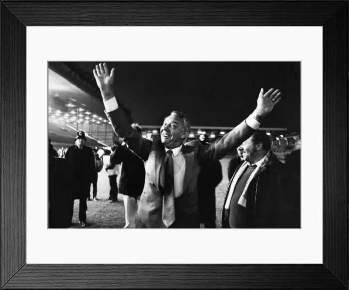 Framed Print : Jubilant Liverpool manager Joe Fagan. Circa 1984 Framed Print : Jubilant Liverpool manager Joe Fagan. Circa 1984