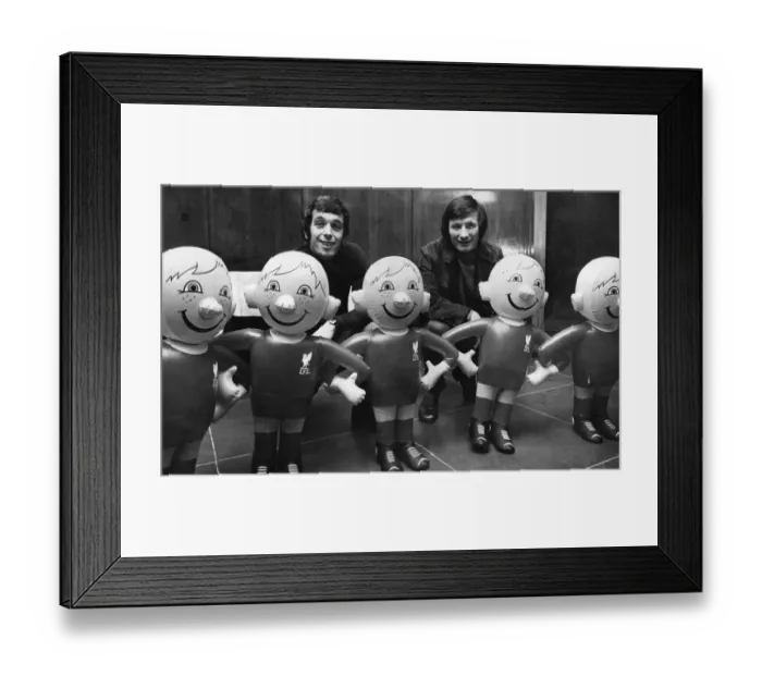 Framed Print : Liverpool captain Tommy Smith and Ian Callaghan met the inflatable footballers at a city Framed Print : Liverpool captain Tommy Smith and Ian Callaghan met the inflatable footballers at a city