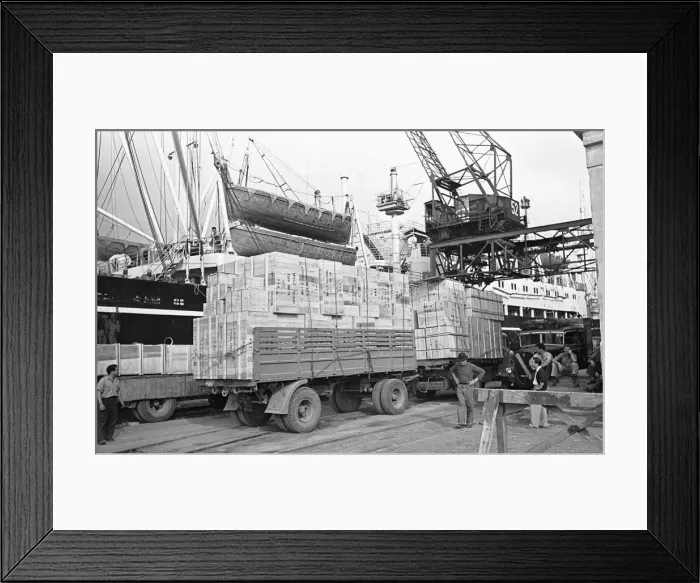 Framed Print : Lorries await to unload at Genoa docks. Circa 1955 Framed Print : Lorries await to unload at Genoa docks. Circa 1955