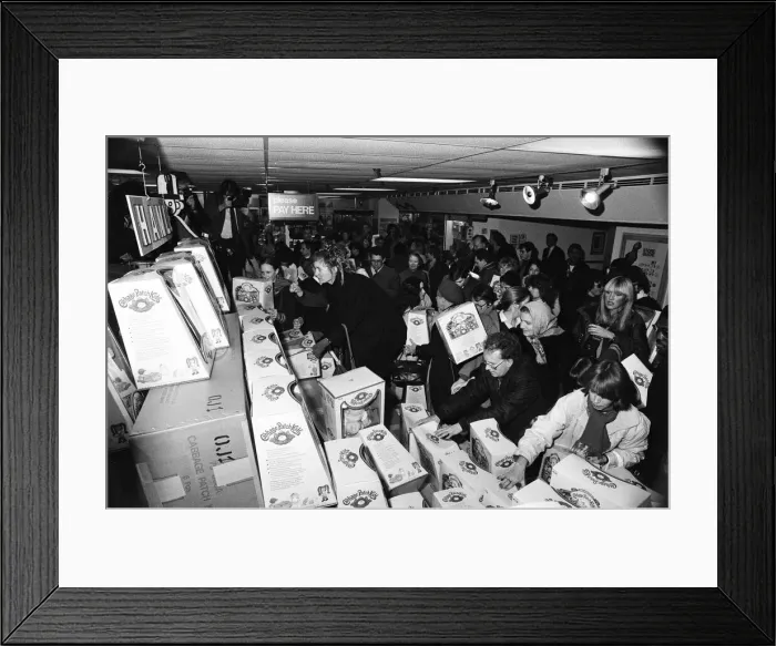 Framed Print : Cabbage Patch Dolls at Hamleys, top London toy store. Hundreds of people clamoured for Framed Print : Cabbage Patch Dolls at Hamleys, top London toy store. Hundreds of people clamoured for