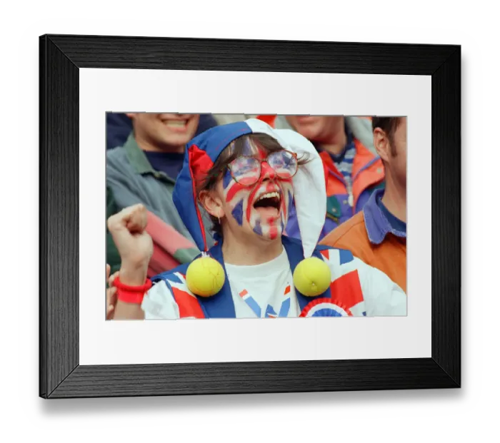 Framed Print : A Union Jack Face Painted fan of Tim Henman support the English tennis player during his