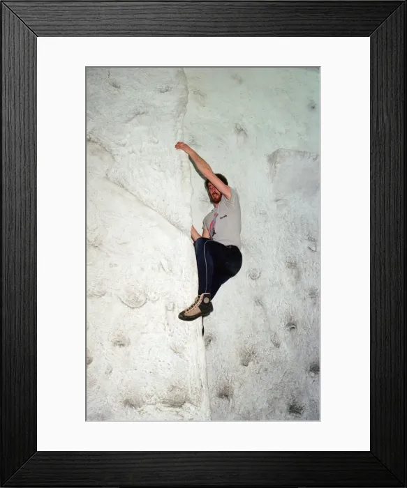 Framed Print : Bob Watkinson on the climbing wall at Billingham Forum. 26th January 1992 Framed Print : Bob Watkinson on the climbing wall at Billingham Forum. 26th January 1992