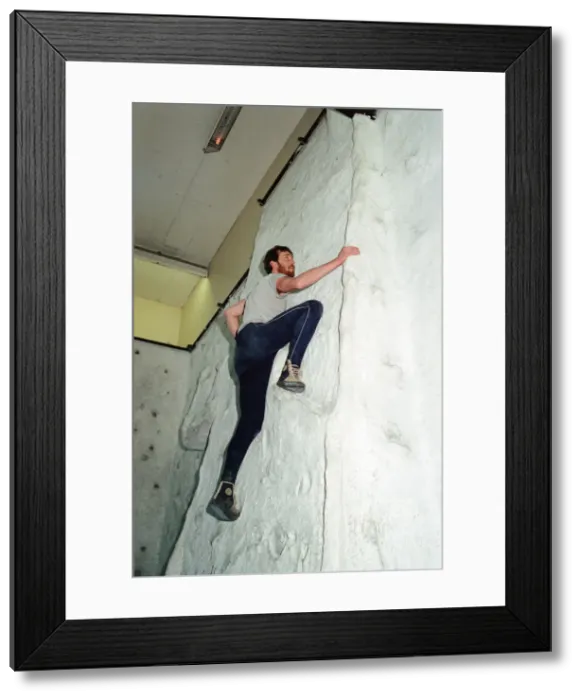 Framed Print : Bob Watkinson on the climbing wall at Billingham Forum. 26th January 1992 Framed Print : Bob Watkinson on the climbing wall at Billingham Forum. 26th January 1992