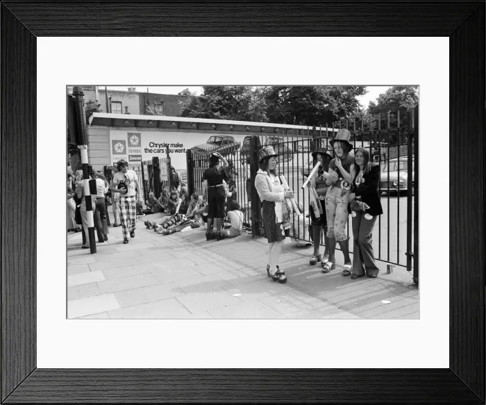 Framed Print : Fans of pop group Slade get ready for the invasion of Earls Court tonight where the group Framed Print : Fans of pop group Slade get ready for the invasion of Earls Court tonight where the group