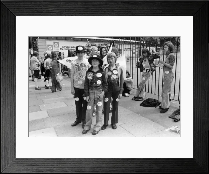 Framed Print : Fans of pop group Slade get ready for the invasion of Earls Court tonight where the group Framed Print : Fans of pop group Slade get ready for the invasion of Earls Court tonight where the group