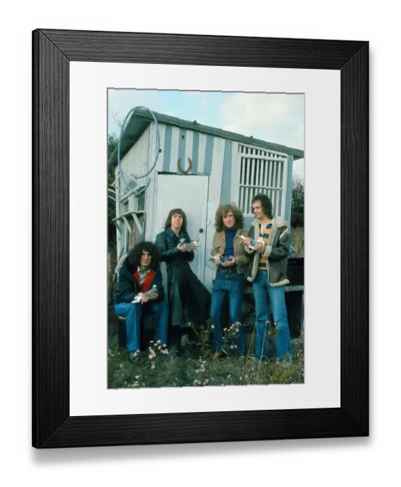 Framed Print : Slade band members Don Powell, Dave Hill, Jim Lea and Noddy Holder on the set of their Framed Print : Slade band members Don Powell, Dave Hill, Jim Lea and Noddy Holder on the set of their
