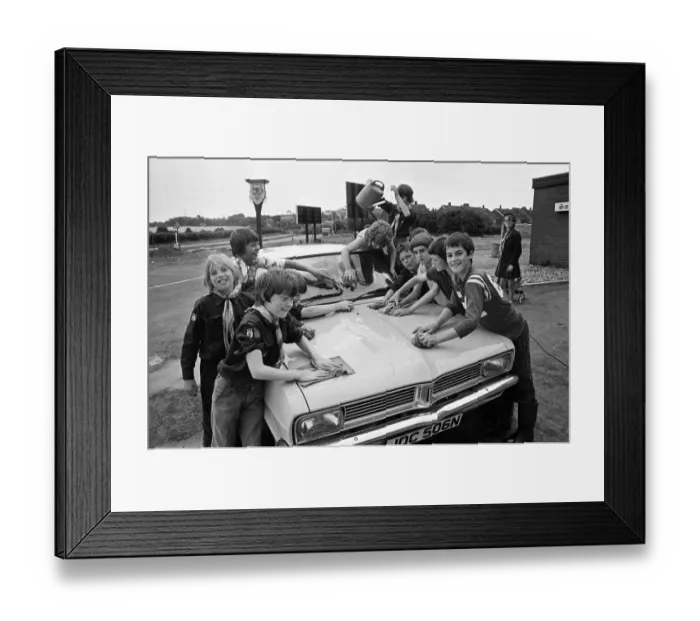 Framed Print : A group of Scouts washing a car, Marton, Middlesbrough. 1976 Framed Print : A group of Scouts washing a car, Marton, Middlesbrough. 1976