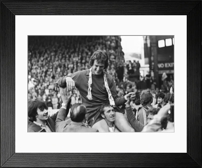 Framed Print : Liverpool Football team celebrate winning the League title after defeating Aston Villa