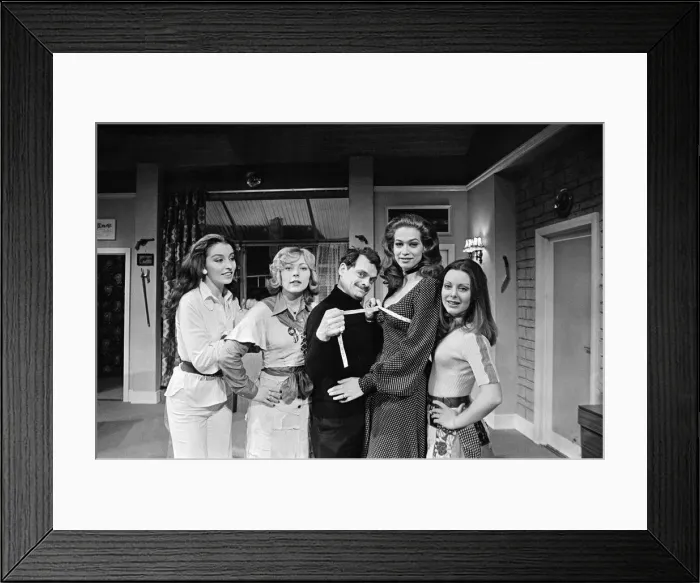 Framed Print : Vital statistical work by David Jason as inch by inch he gets the measure of Valerie Leon Framed Print : Vital statistical work by David Jason as inch by inch he gets the measure of Valerie Leon
