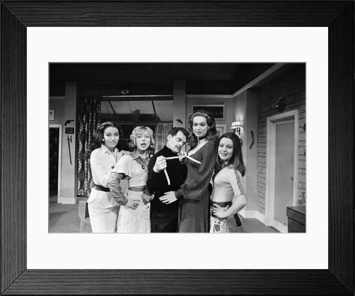 Framed Print : Vital statistical work by David Jason as inch by inch he gets the measure of Valerie Leon Framed Print : Vital statistical work by David Jason as inch by inch he gets the measure of Valerie Leon
