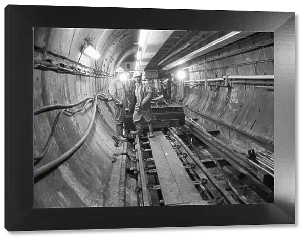 Channel Tunnel Construction 28th November 1987. Construction workers in the service