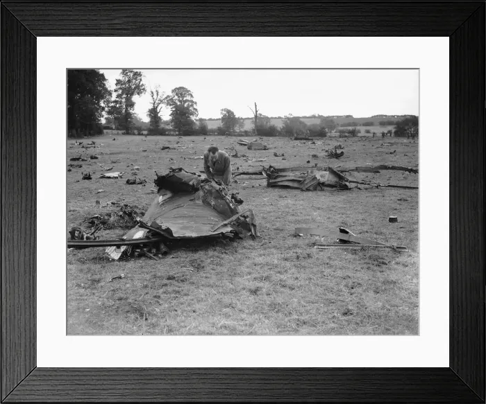 Framed Print : The wreckage of a Junkers Ju88 B3+HH works number 7087 of the I / KG 54 after it hit a Framed Print : The wreckage of a Junkers Ju88 B3+HH works number 7087 of the I / KG 54 after it hit a