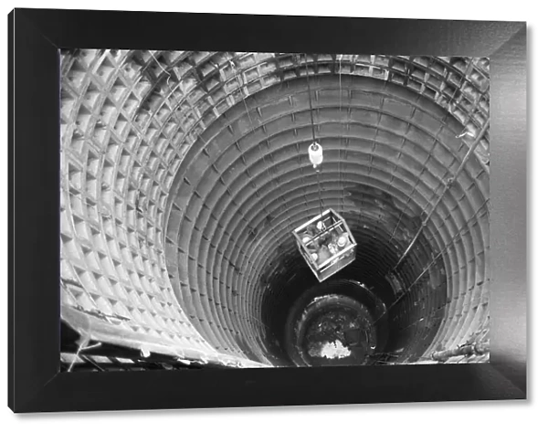 Channel Tunnel Construction 28th November 1987. Workers being lowered down into