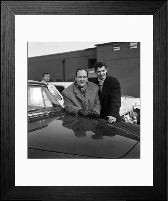Framed Print : Stratford Johns (left) and James Ellis take part in a showbiz car rally