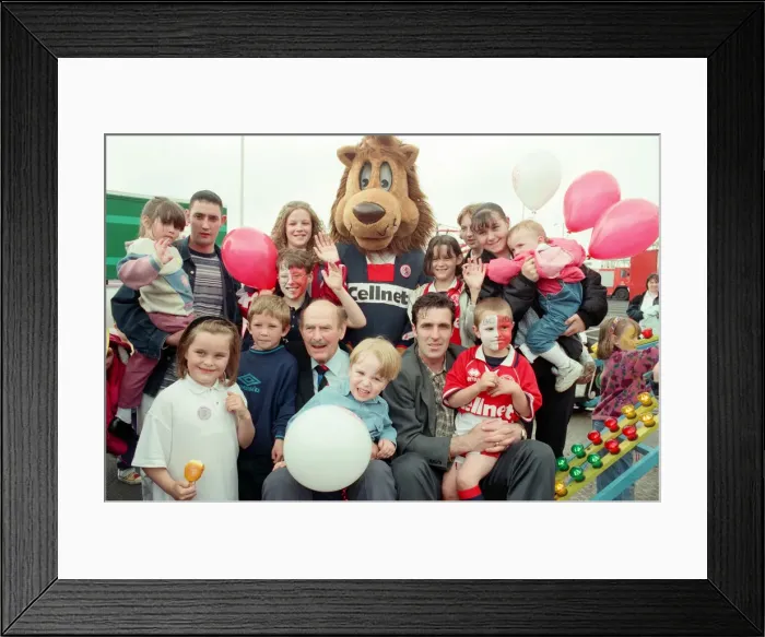 Framed Print : George Hardwick, Bernie Slaven and Roary the Boro mascot surrounded by fans Framed Print : George Hardwick, Bernie Slaven and Roary the Boro mascot surrounded by fans