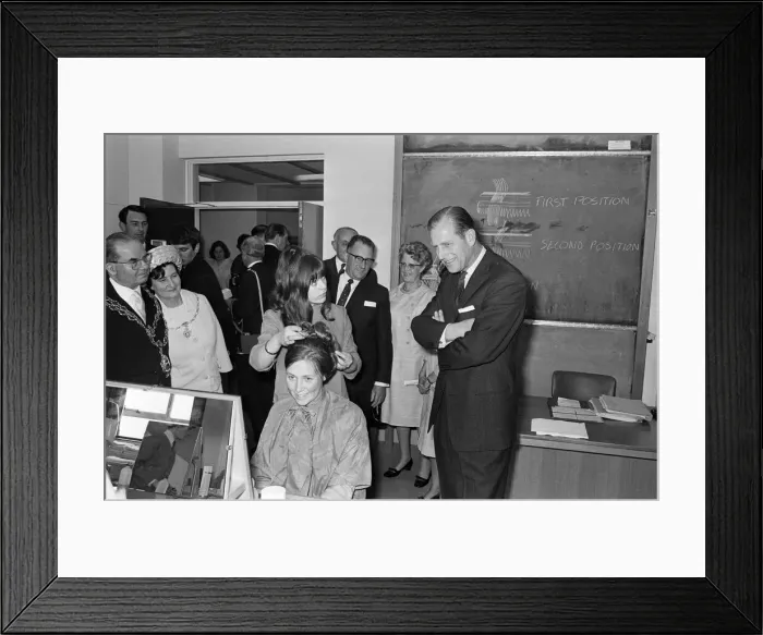 Framed Print : Prince Philip, Duke of Edinburgh, visiting the College of Food and ROSPA. West Midlands Framed Print : Prince Philip, Duke of Edinburgh, visiting the College of Food and ROSPA. West Midlands