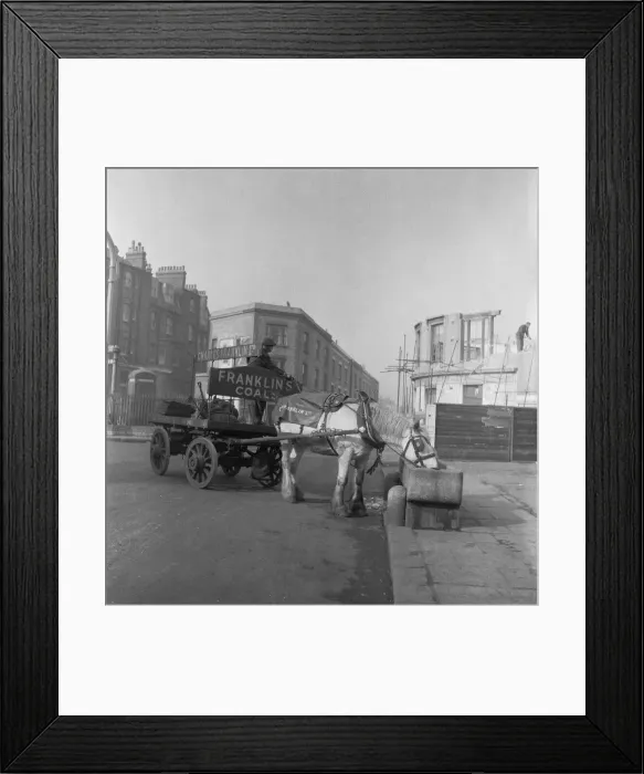 Framed Print : Bromley by Bow coal merchant Charles Franklin horses and cart delivery wagon takes a
