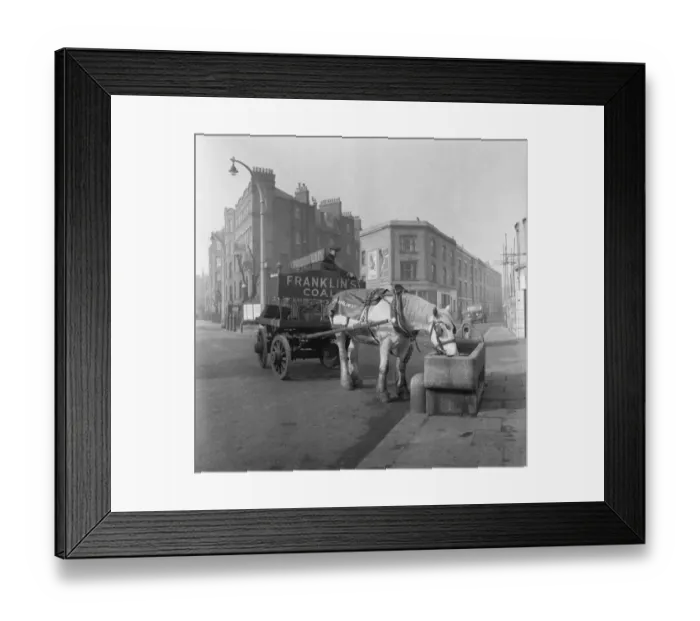Framed Print : Bromley by Bow coal merchant Charles Franklin horses and cart delivery wagon takes a