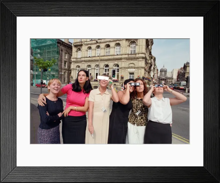 Framed Print : People in Liverpool city centre watching the solar eclipse. 11th August 1999 Framed Print : People in Liverpool city centre watching the solar eclipse. 11th August 1999
