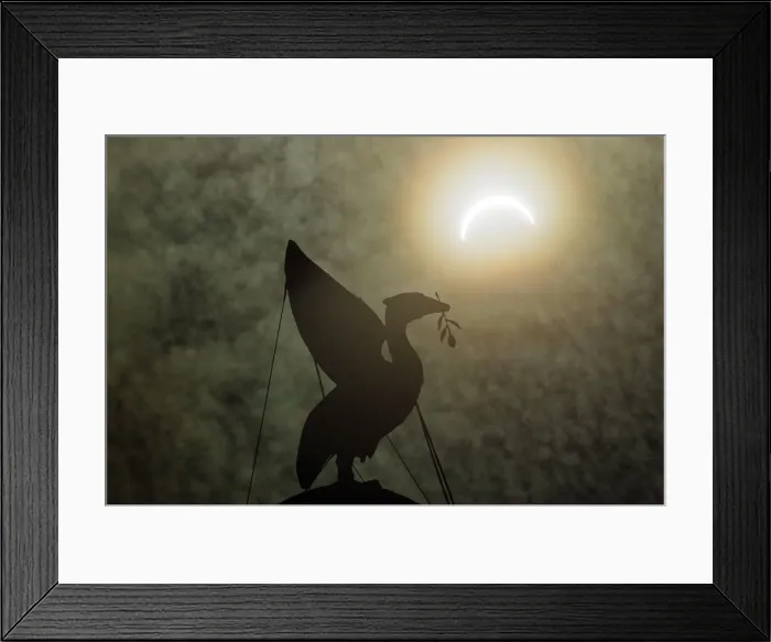 Framed Print : The solar eclipse pictured behind the Silhouette of the Liver Bird on a tower of Framed Print : The solar eclipse pictured behind the Silhouette of the Liver Bird on a tower of