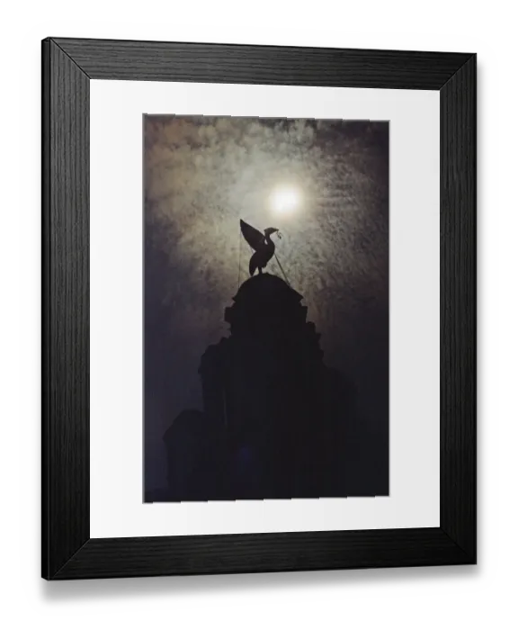 Framed Print : The solar eclipse pictured behind the Silhouette of the Liver Bird on a tower of Framed Print : The solar eclipse pictured behind the Silhouette of the Liver Bird on a tower of