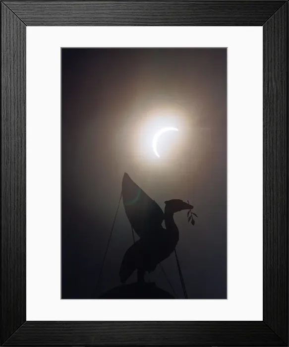 Framed Print : The solar eclipse pictured behind the Silhouette of the Liver Bird on a tower of Framed Print : The solar eclipse pictured behind the Silhouette of the Liver Bird on a tower of