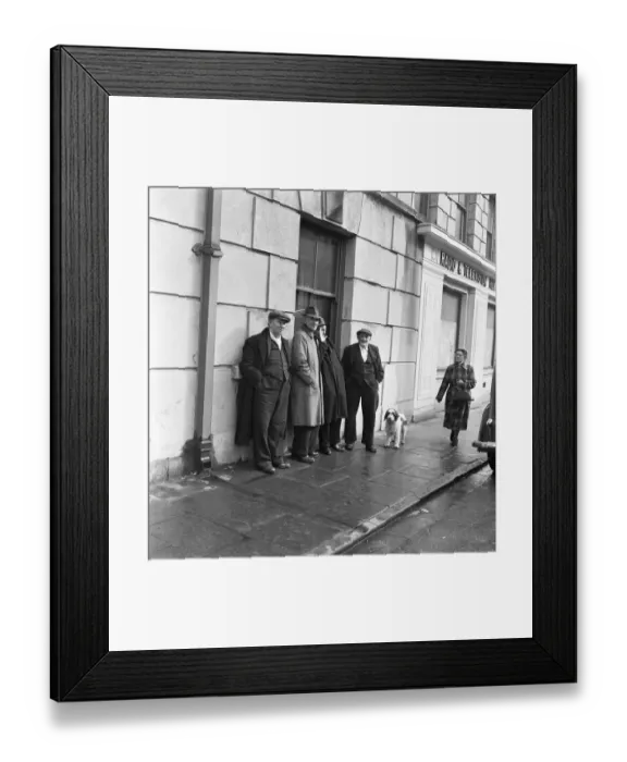 Framed Print : Group of miners standing outside the Boot Hotel in Aberdare, South Wales 1st March 1954 Framed Print : Group of miners standing outside the Boot Hotel in Aberdare, South Wales 1st March 1954