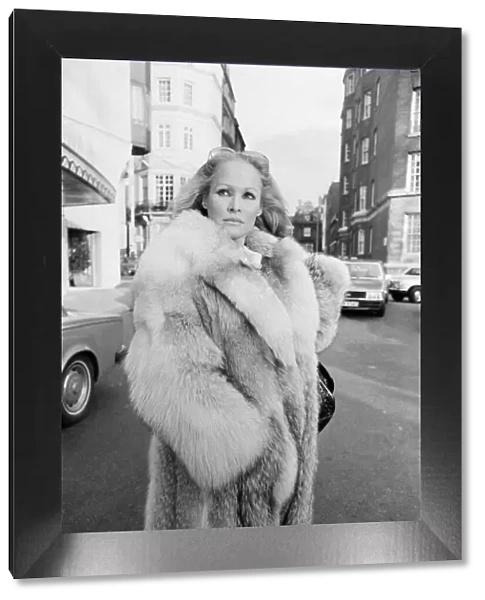 Ursula Andress, Swiss film actress, pictured outside her hotel, The Dorchester in London
