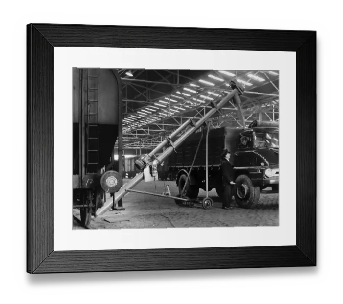 Framed Print : A newly installed grain elevator is seen transporting from wagon to lorry at British Framed Print : A newly installed grain elevator is seen transporting from wagon to lorry at British