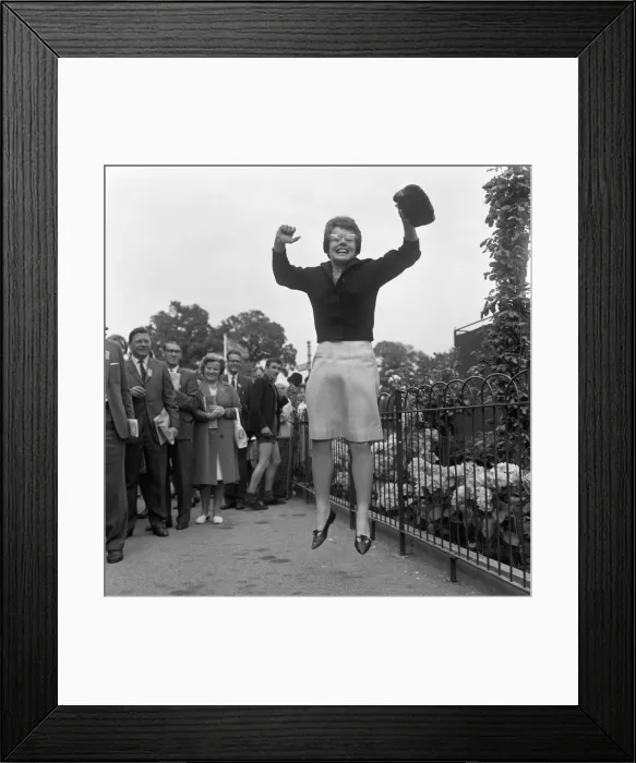Framed Print : Wimbledon Tennis, Billie Jean Moffitt (later King) jumping for joy. 26th June 1962