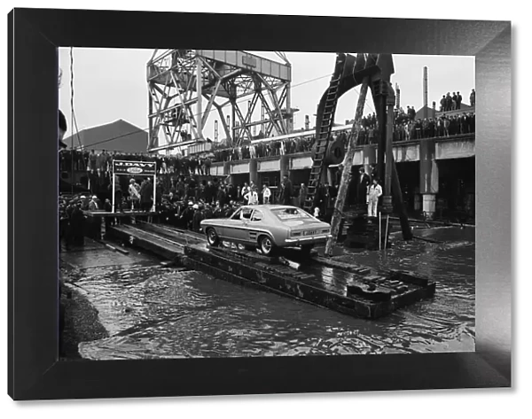 The new Ford Capri, launched in unusual manner off the slipway at the shipbuilding yard