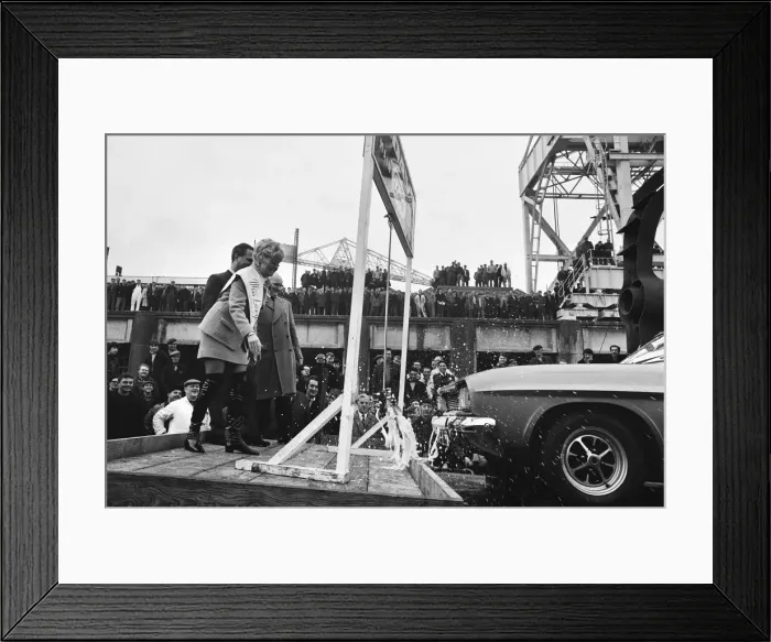 Framed Print : The new Ford Capri, launched in unusual manner off the slipway at the shipbuilding yard