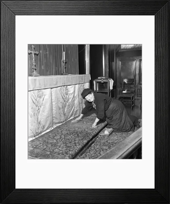 Framed Print : The charlady of St Martin in the Field seen here cleaning the altar shortly before a Framed Print : The charlady of St Martin in the Field seen here cleaning the altar shortly before a