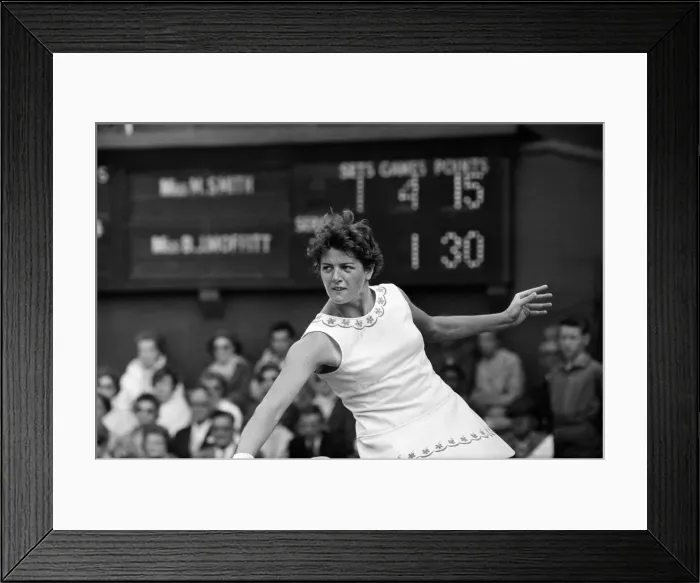 Framed Print : Wimbledon Tennis, Margaret Smith (pictured), in play against Billie Jean Moffitt Framed Print : Wimbledon Tennis, Margaret Smith (pictured), in play against Billie Jean Moffitt
