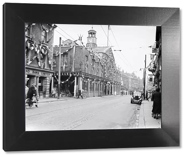 Market in Uxbridge High Street decorated for King George V Silver Jubilee, Uxbridge 1935