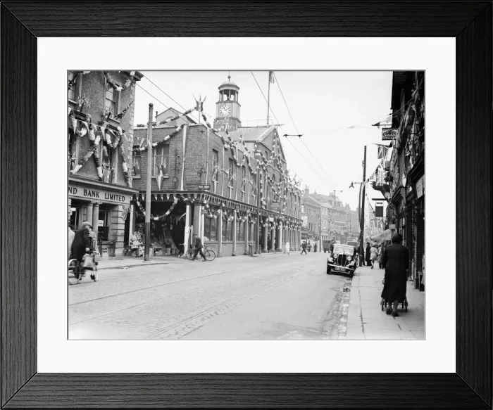 Framed Print : Market in Uxbridge High Street decorated for King George V Silver Jubilee, Uxbridge 1935