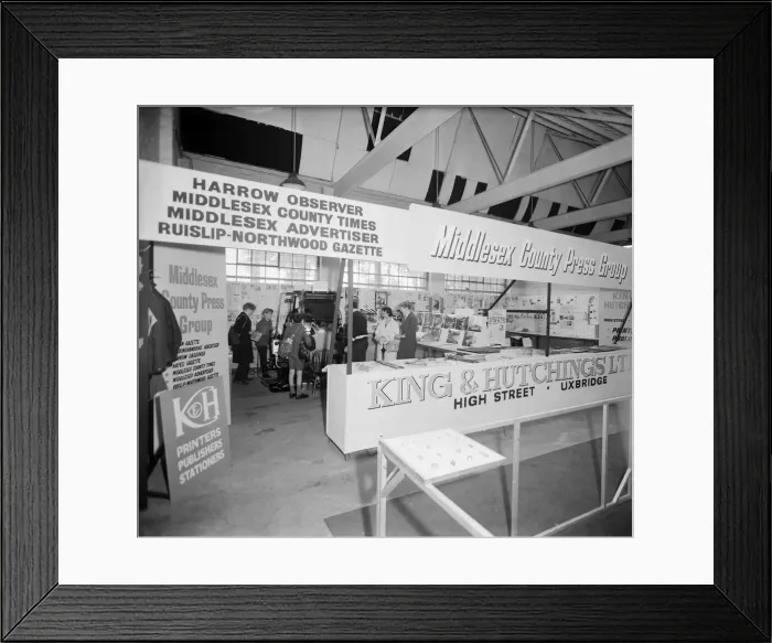 Framed Print : King and Hutchings exhibition stand promoting the Middlesex County Press Group Circa 1960