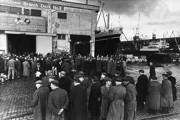 General scenes showing workers gathered at Gladstone Docks in Liverpool
