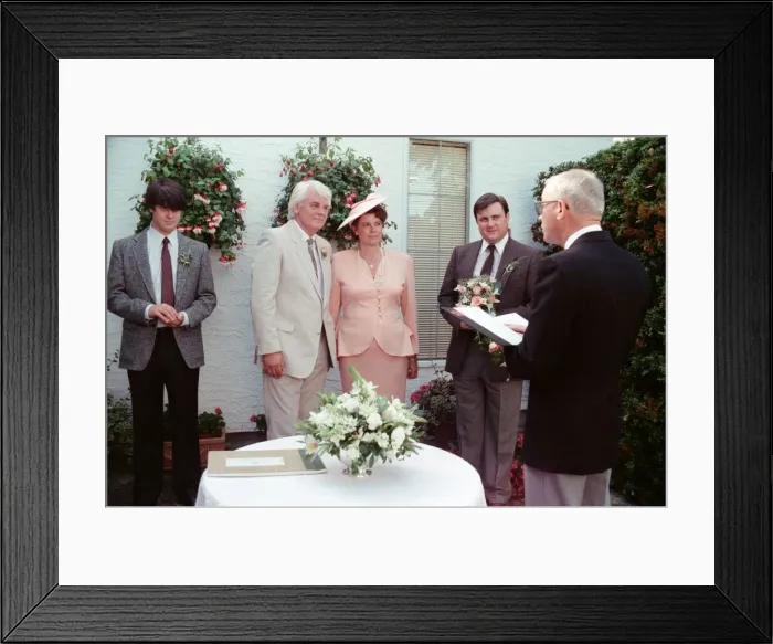 Framed Print : Actor Tony Booth and Nancy Jaeger at their wedding in the Jaeger family