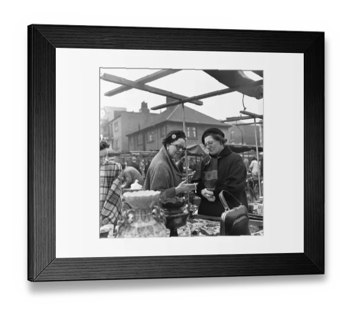 Framed Print : House wives browsing the antique stalls of the New Caledonian Street Market for jewellery Framed Print : House wives browsing the antique stalls of the New Caledonian Street Market for jewellery