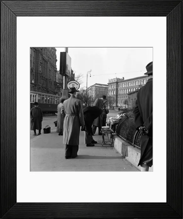 Framed Print : Newspaper stall in Vienna, Austria. February 1954 Framed Print : Newspaper stall in Vienna, Austria. February 1954
