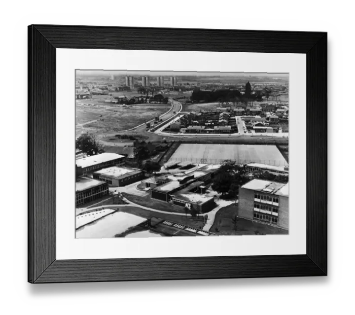Framed Print : A view from the top of the tower flats at Kirkby showing Ruffwood Comprehensive School in Framed Print : A view from the top of the tower flats at Kirkby showing Ruffwood Comprehensive School in