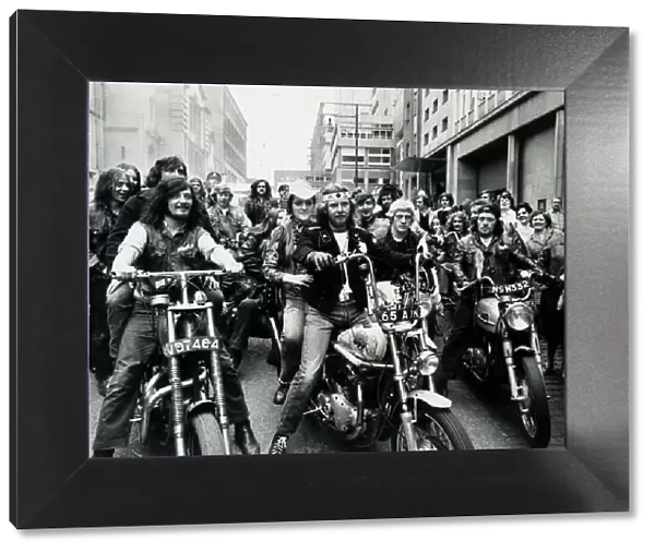 Blue Angels on their motorbikes for a wedding in Glasgow 1971 youth groups gang