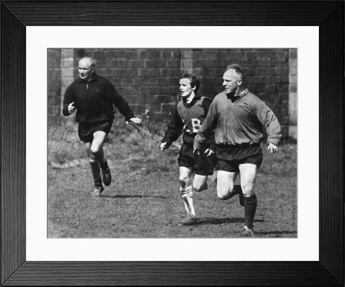 Framed Print : Liverpool manager Bill Shankly (right) takes part in a training session at Melwood with Framed Print : Liverpool manager Bill Shankly (right) takes part in a training session at Melwood with