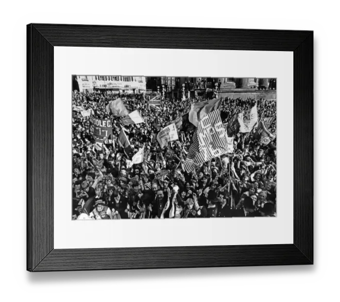 Framed Print : Liverpool FC fans wait to cheer their team in the city centre to celebrate their historic Framed Print : Liverpool FC fans wait to cheer their team in the city centre to celebrate their historic