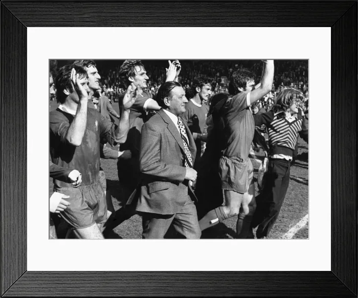 Framed Print : Liverpool manager Bob Paisley and the rest of the team applaud the Liverpool fans on a Framed Print : Liverpool manager Bob Paisley and the rest of the team applaud the Liverpool fans on a