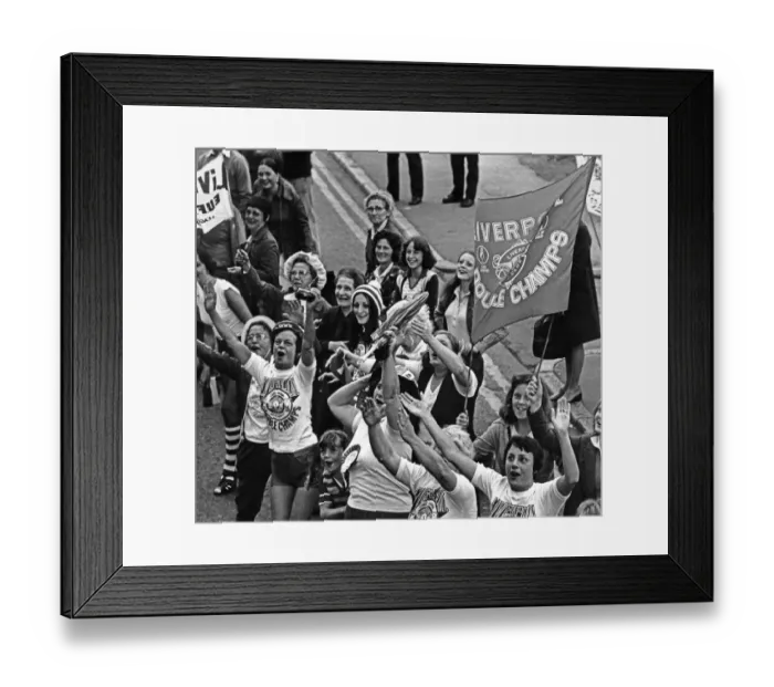 Framed Print : Liverpool FC fans wait to cheer their team in the city centre to celebrate their historic Framed Print : Liverpool FC fans wait to cheer their team in the city centre to celebrate their historic