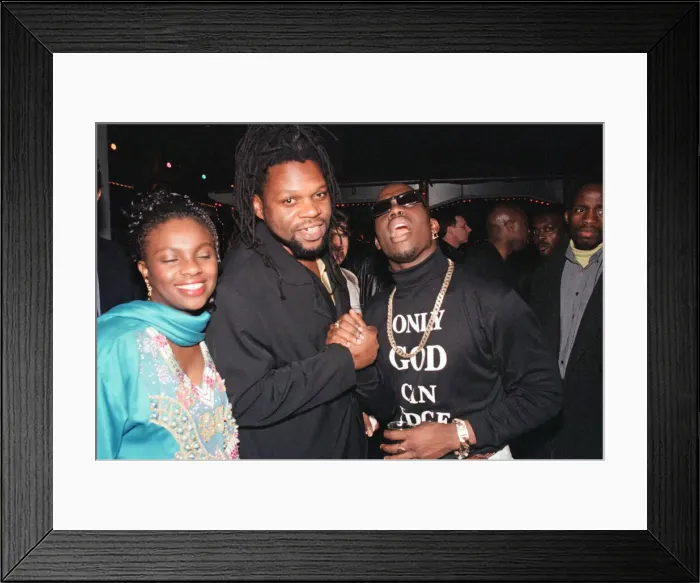 Framed Print : Left to right, unnamed guest, Jazzie B of Soul II Soul and Mark Morrison at The Brit