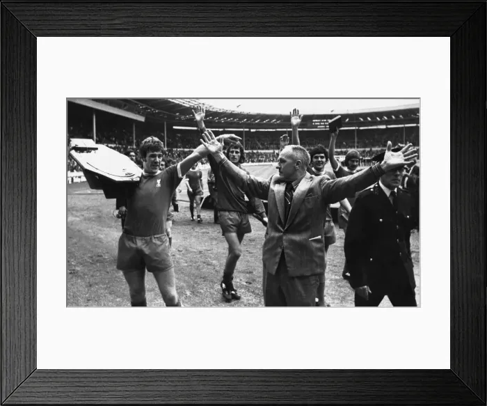 Framed Print : Celebrations for Liverpool led by manager Bill Shankly and captain Emlyn Hughes as Framed Print : Celebrations for Liverpool led by manager Bill Shankly and captain Emlyn Hughes as