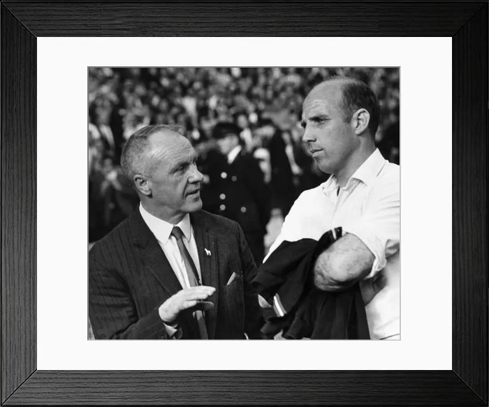 Framed Print : Liverpool manager Bill Shankly and Ronnie Moran in reflective mood after defeat to Framed Print : Liverpool manager Bill Shankly and Ronnie Moran in reflective mood after defeat to